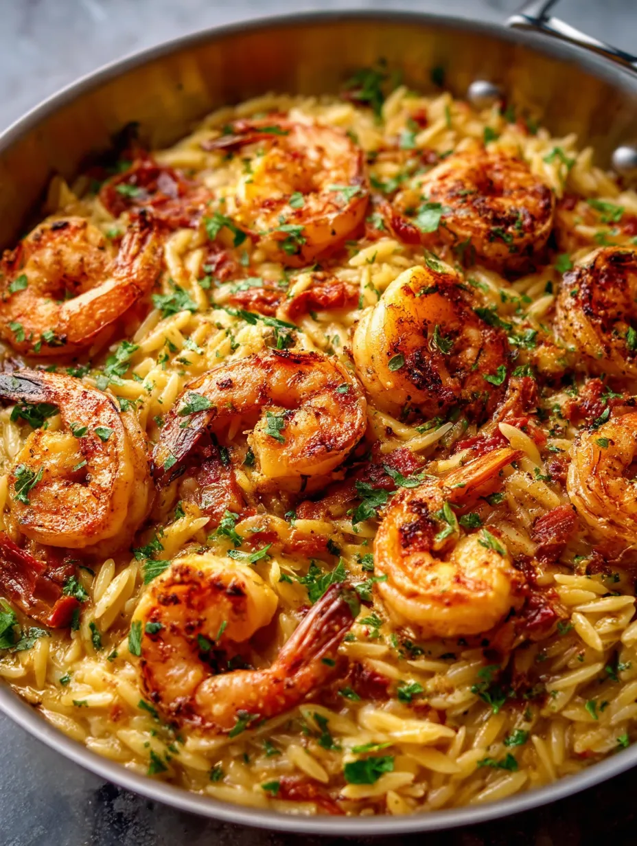 Ein Teller mit Garnelen und Orzo.