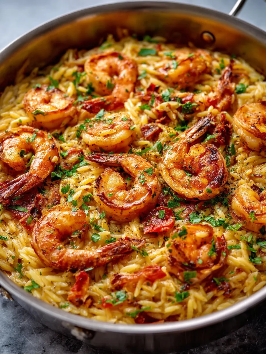 Ein Teller mit Garnelen und Orzo.