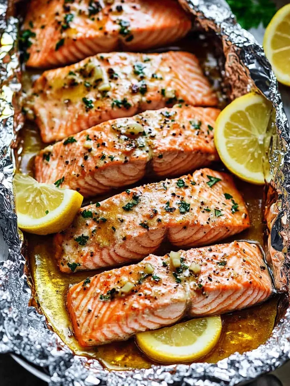 Lachs im Ofenpäckchen mit Zitronenscheiben obendrauf.