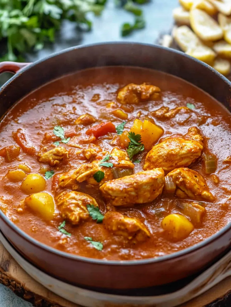 Eine Schüssel marokkanischer Eintopf mit Hähnchen und Gewürzen.