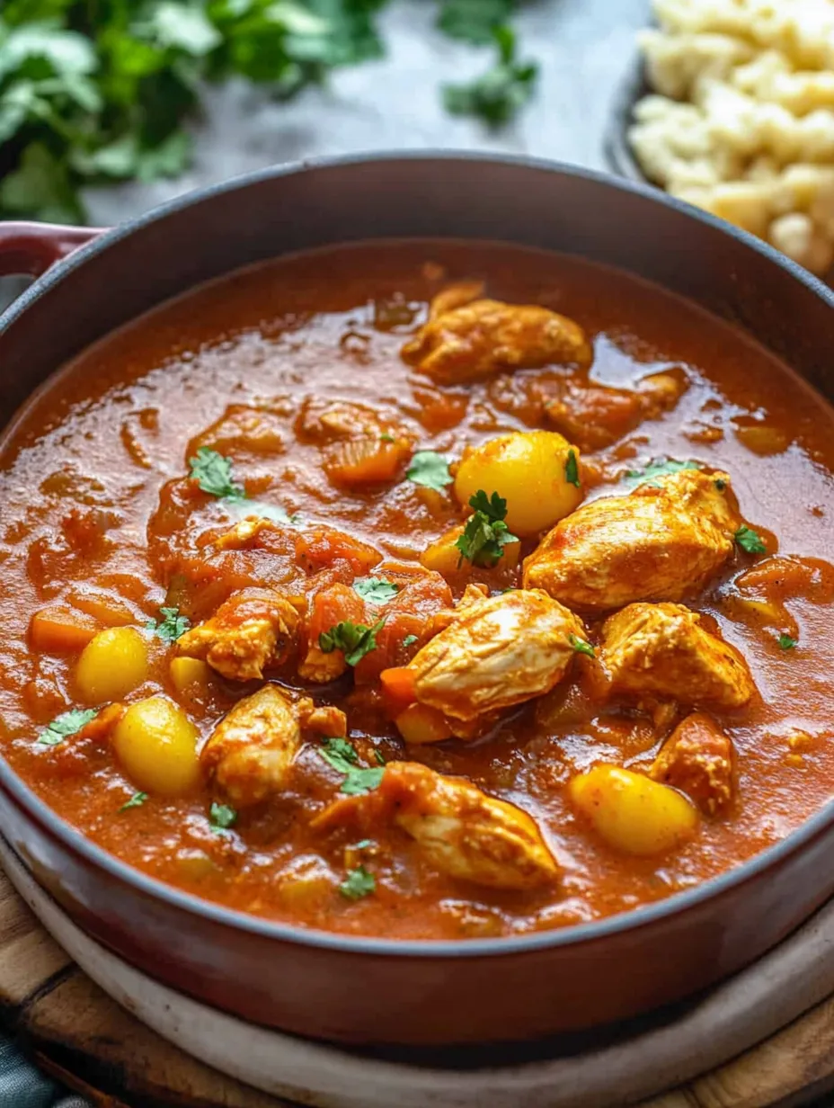Eine Schüssel marokkanischer Eintopf mit Hähnchen und Gewürzen.