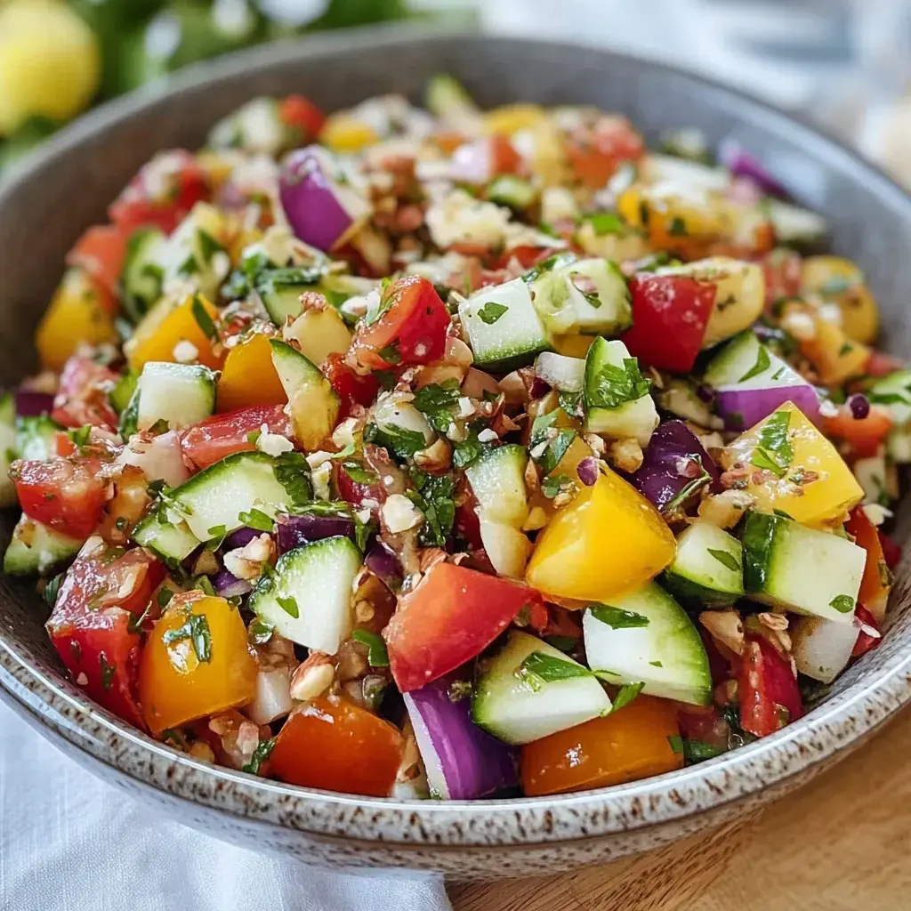 Ein bunter Salat aus frischen Gemüsesorten wie Gurken, Tomaten, Paprika und Zwiebeln, abgerundet mit Kräutern.