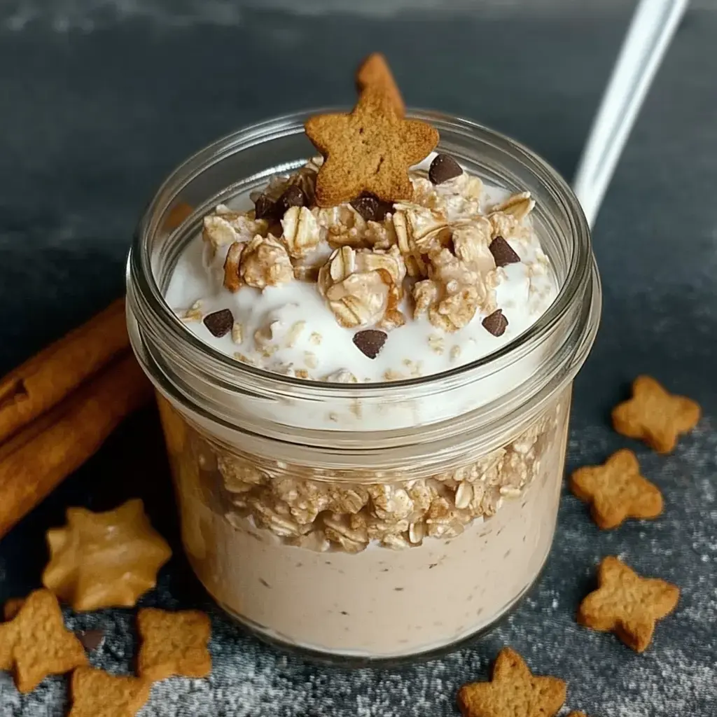 Ein dekoratives Glas mit Haferflocken, Joghurt und Schokoladenstückchen, verziert mit einem Lebkuchenstern und umgeben von Zimt, Plätzchen und Dekoration.