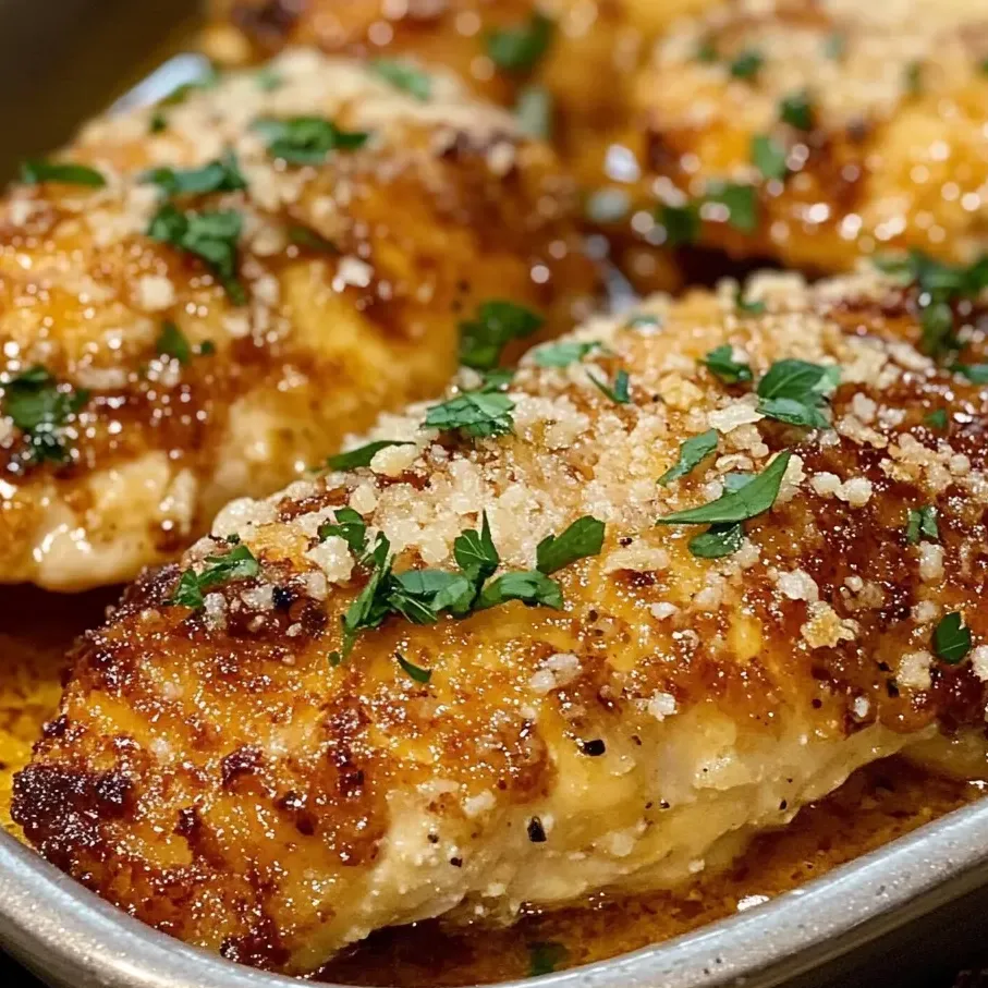A dish of chicken covered in Parmesan cheese.
