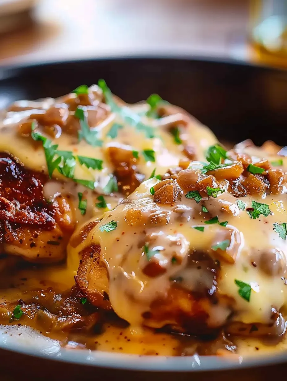 Ein Teller überbackenes Hähnchen mit Zwiebeln und Käse.