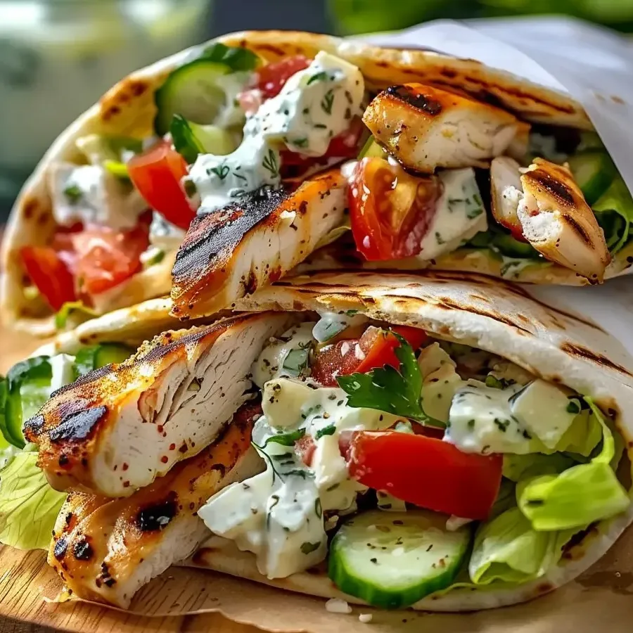 Ein Gyros-Sandwich mit Hähnchen und Tomaten.