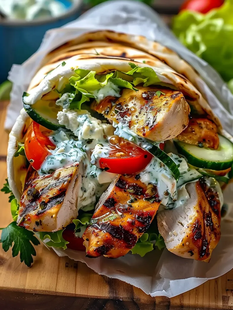 Ein Gyros mit Hähnchen, Tomaten, Gurken und Feta.