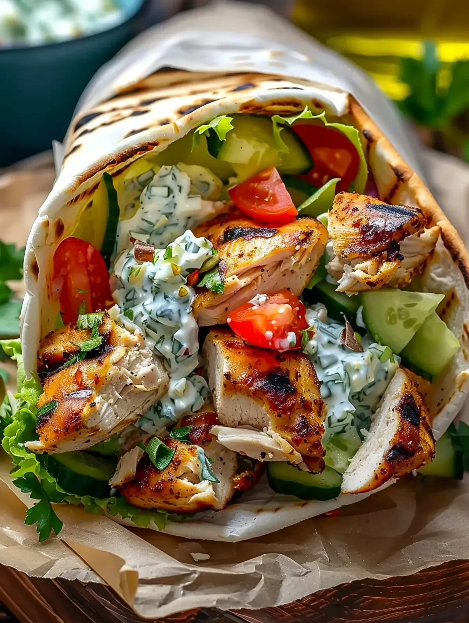 Ein Gyros mit Hähnchen, Tomaten, Gurken und Fetakäse.