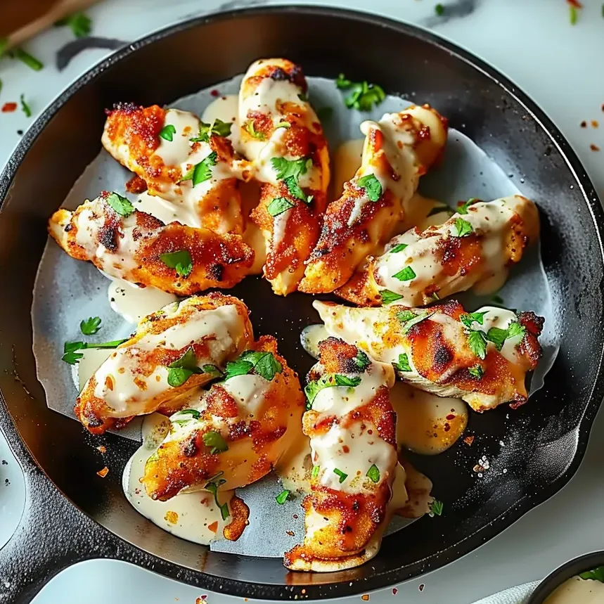 Eine Pfanne mit Knoblauch-Hähnchen-Wraps.