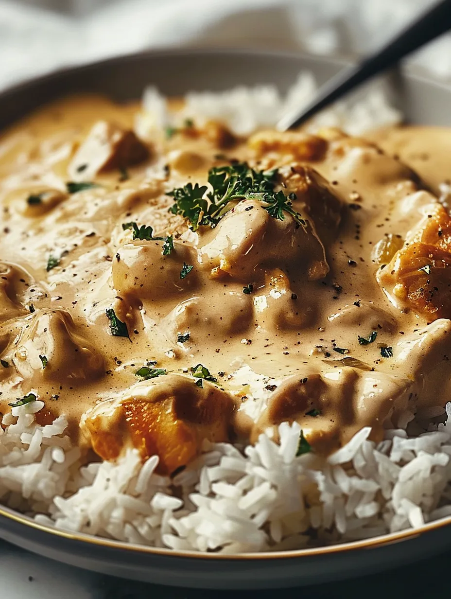 Eine Schüssel mit cremigem Hähnchen und Reis in Soße.