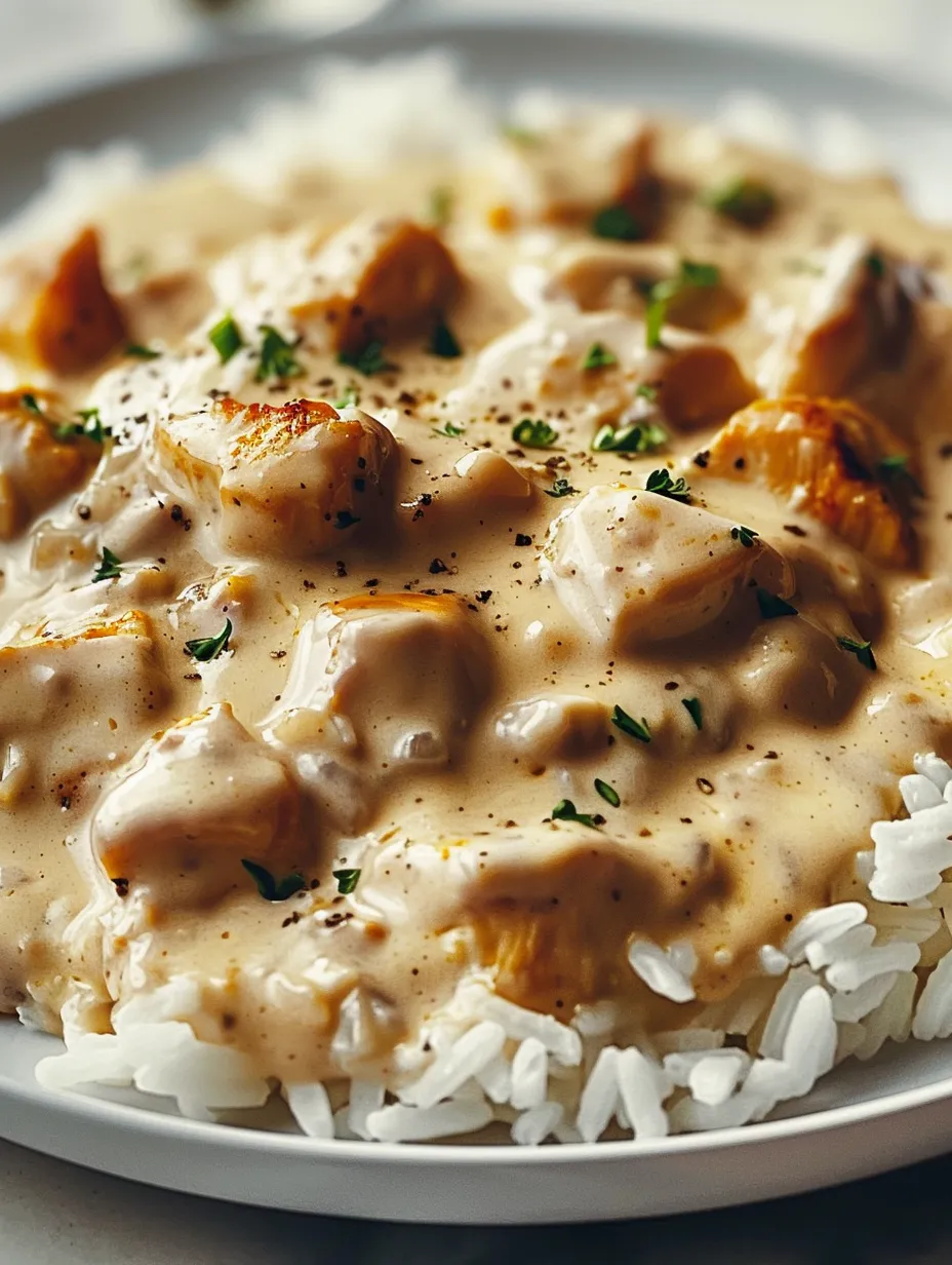 Ein Teller mit cremigem Hähnchen und Reis in Soße.
