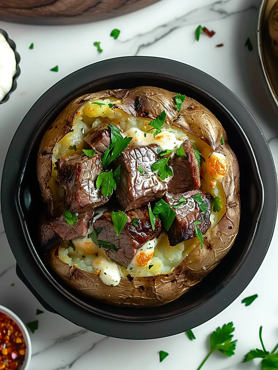 Eine gefüllte Ofenkartoffel mit Steakstücken.