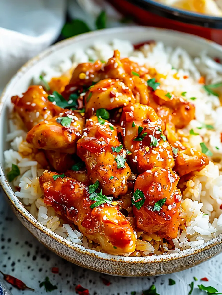Eine Schüssel Reis mit Huhn und Soße.