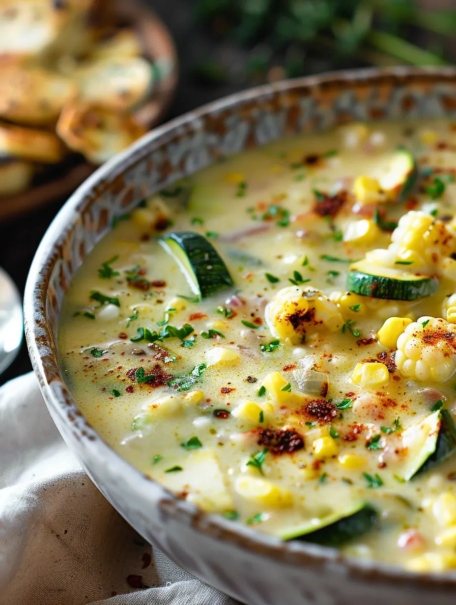 Einfache Schüssel Mais-Zucchini-Suppe.