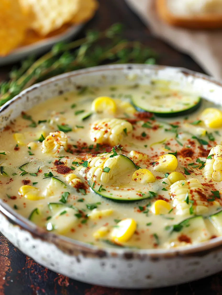 Eine Schüssel Mais-Zucchini-Suppe.