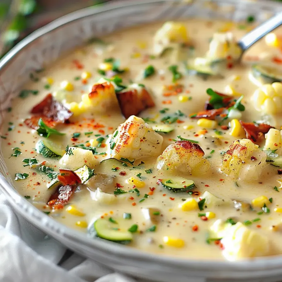 Eine Schüssel Suppe mit Mais und Zucchini.