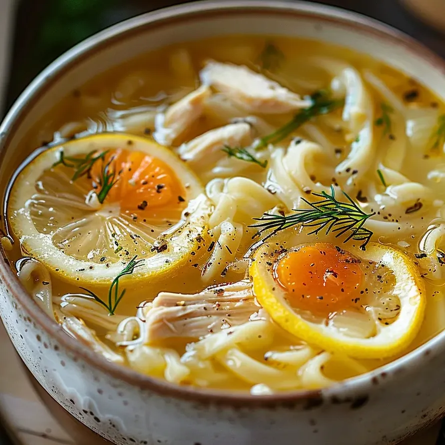 Eine Schüssel Griechische Zitronen Hühnersuppe.