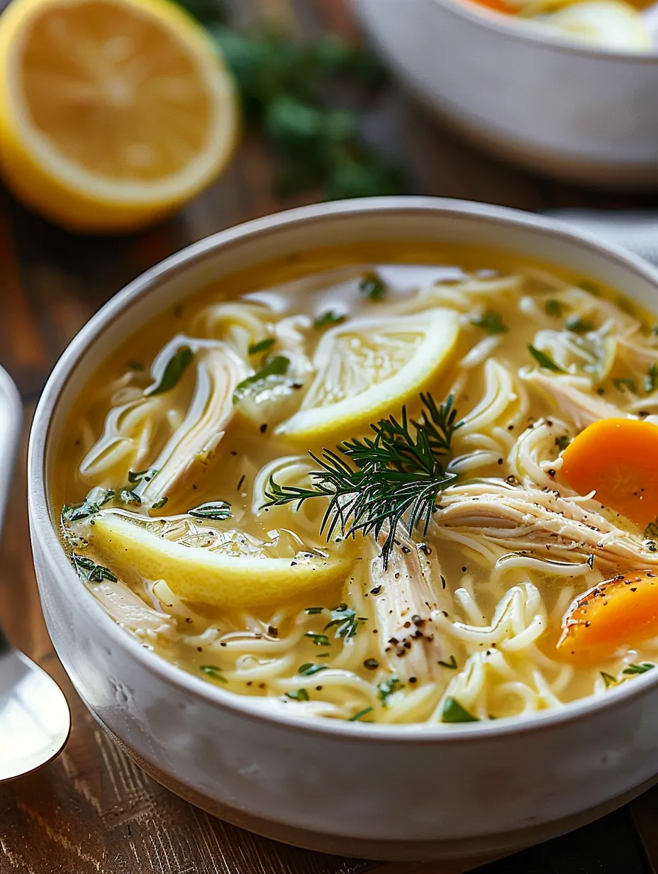 Eine Schüssel Suppe mit Zitrone und Kräutern.