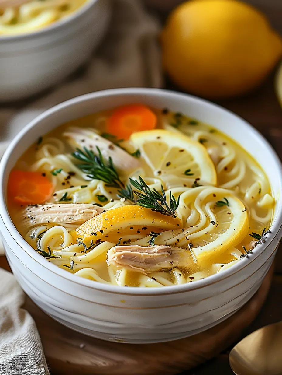 Eine Schüssel Suppe mit Zitrone und Möhren.