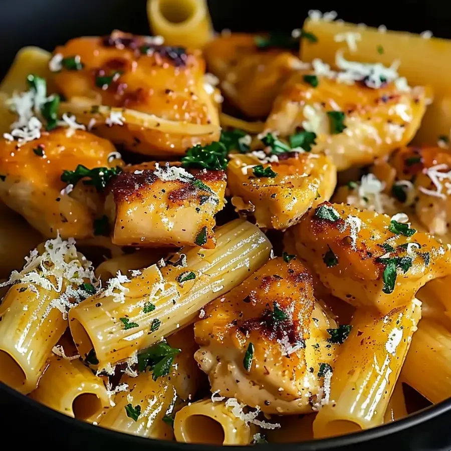 Eine Schüssel Knoblauchbutter-Hähnchen mit Rigatoni und Parmesan.
