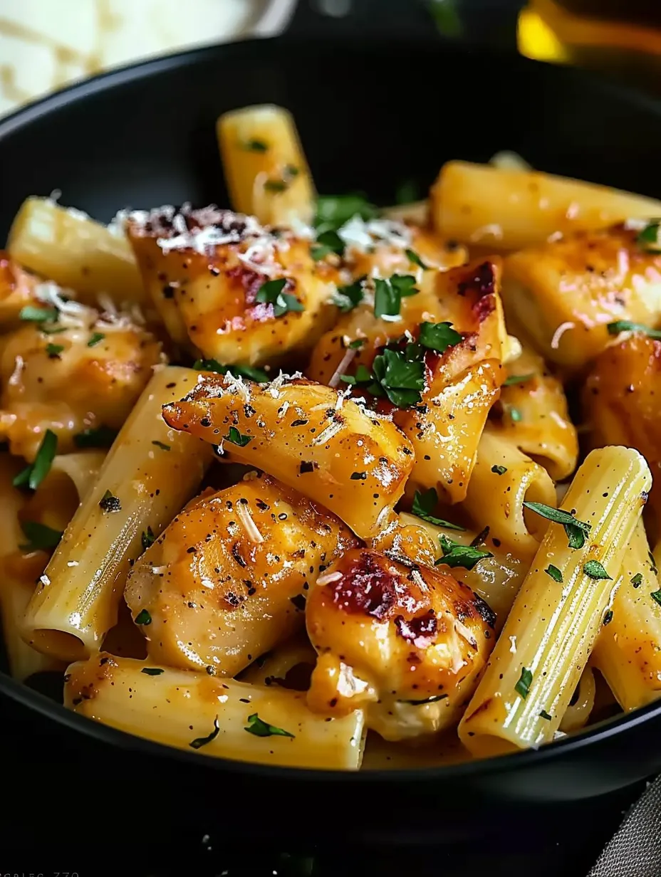 Eine Schüssel Knoblauchbutter-Hähnchen mit Rigatoni und Parmesan.