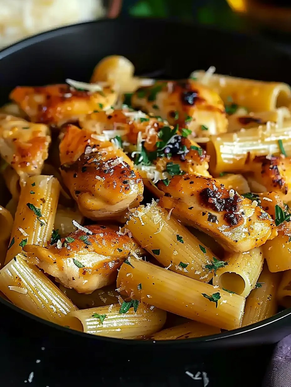 Eine Schüssel mit Hähnchen und Pasta in Knoblauchbutter.