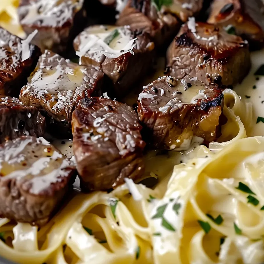 Ein Teller mit Knoblauchbutter Steak Happen und cremigen Parmesan-Nudeln.