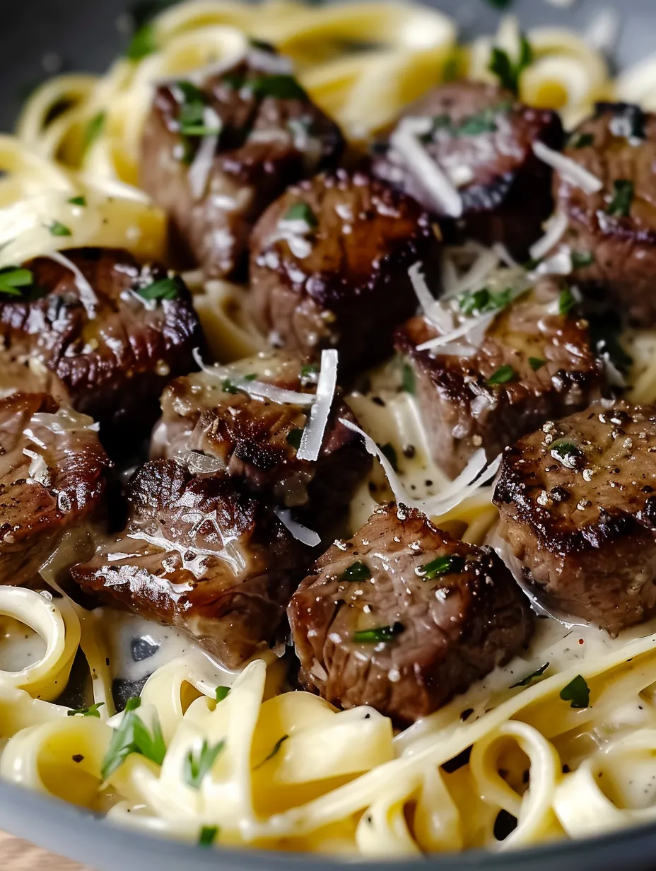 Ein Teller mit Knoblauchbutter-Steakhappen und cremiger Parmesanpasta.
