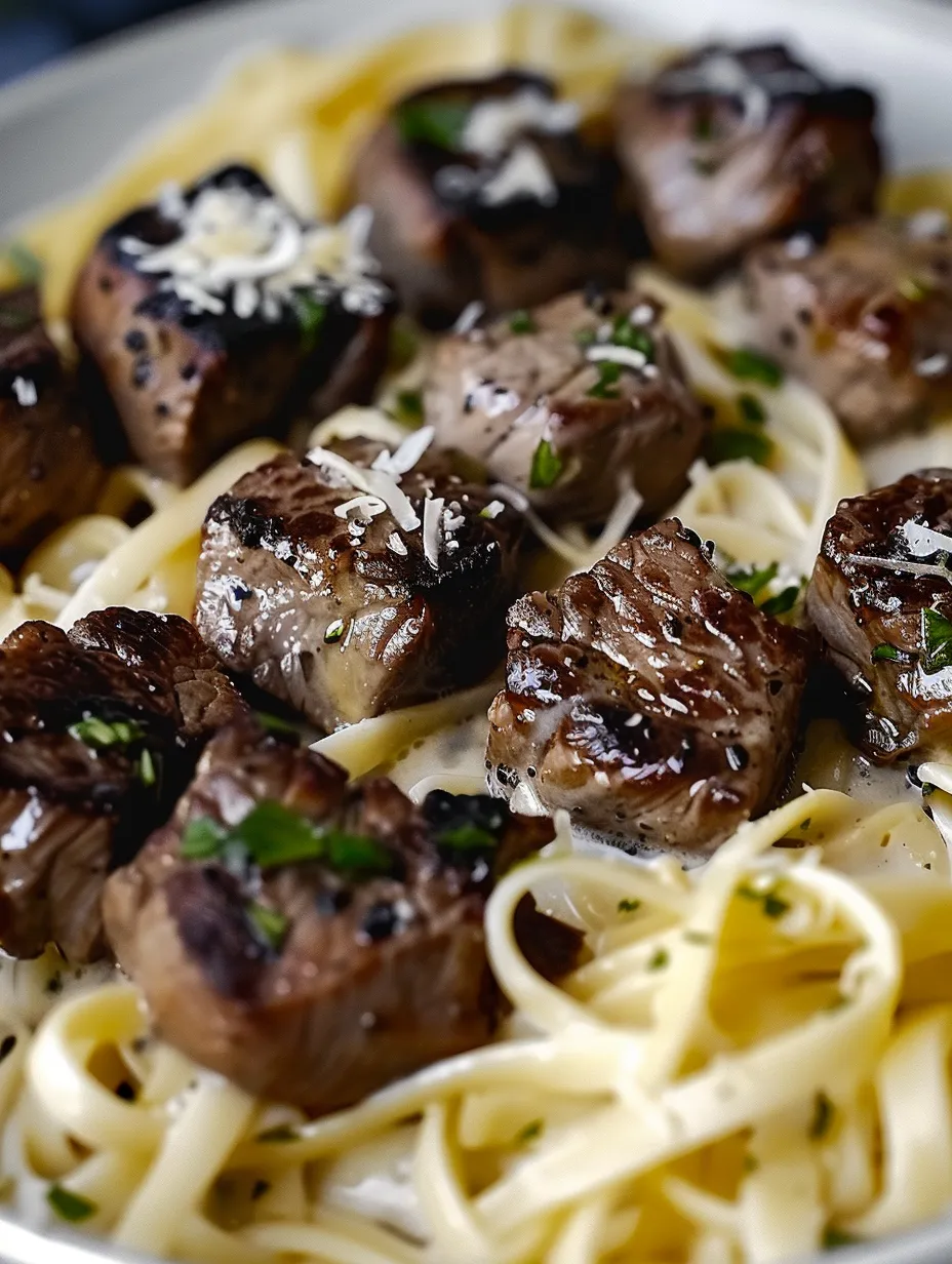 Knoblauchbutter-Steakhappen mit cremiger Parmesan-Pasta.