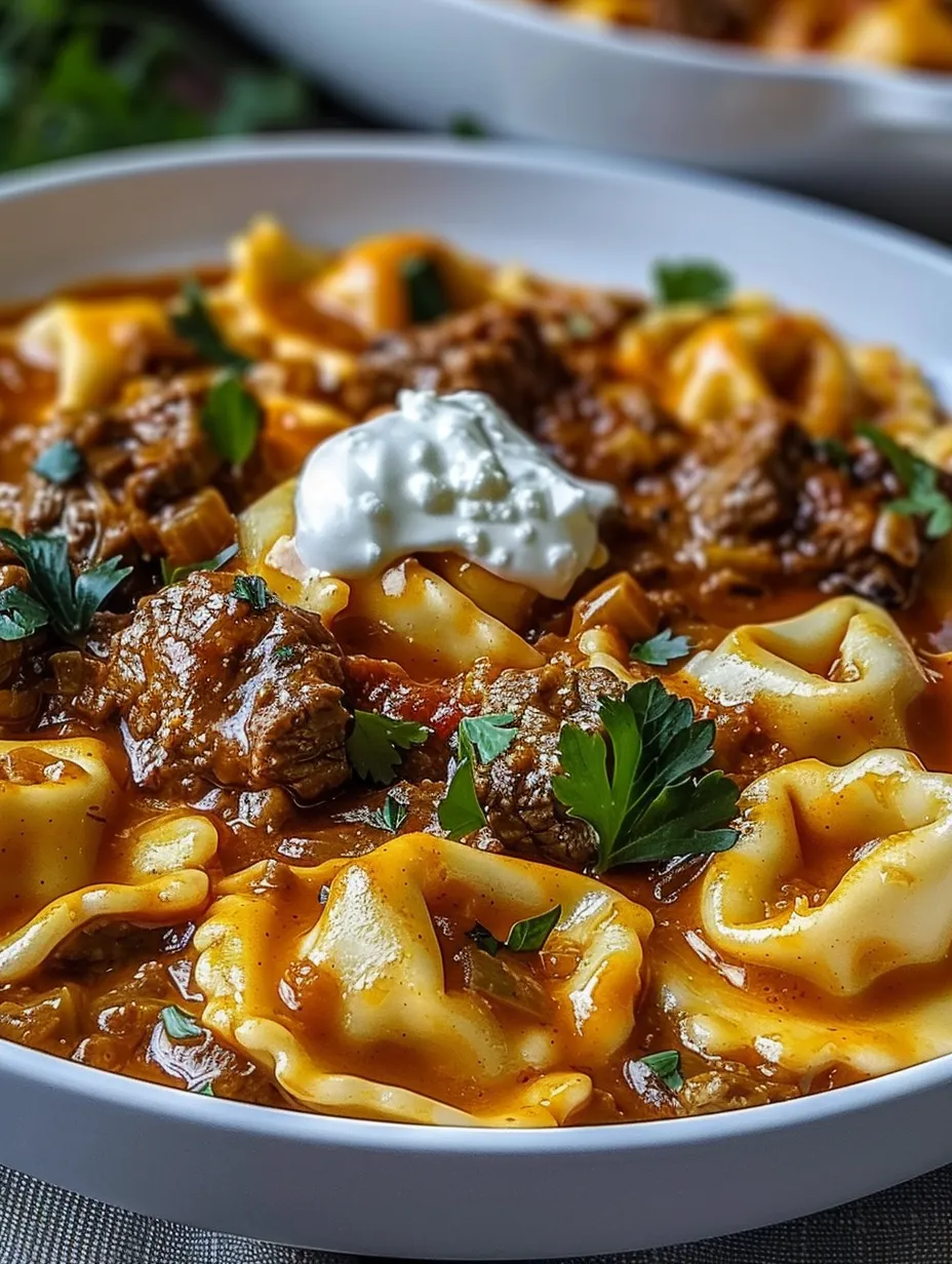 Eine Schüssel mit Rinder-Käse-Enchilada-Tortellini.