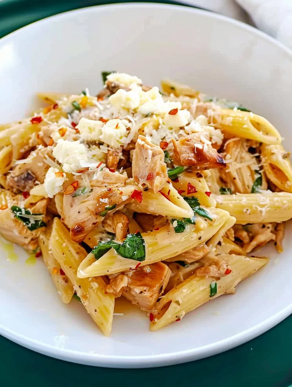 Ein Teller Toskana-Hühnchenpasta mit Hüttenkäse.