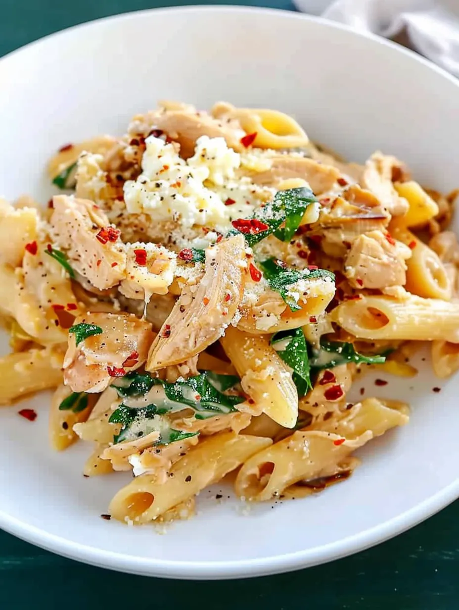 Eine Schüssel Pasta mit Hähnchen und Hüttenkäse.