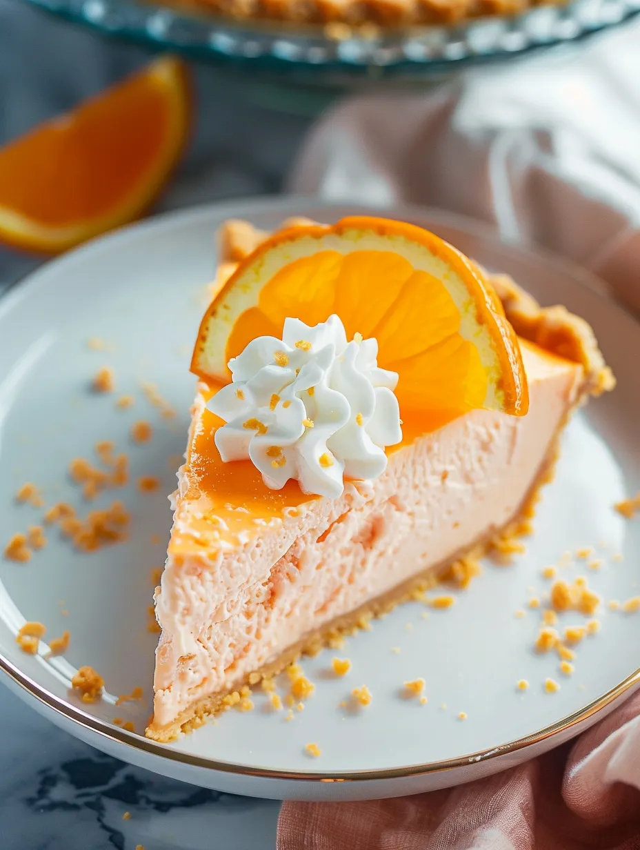 Ein Stück Jello-Orangen-Sahne-Torte mit weißem Sahnetopping.