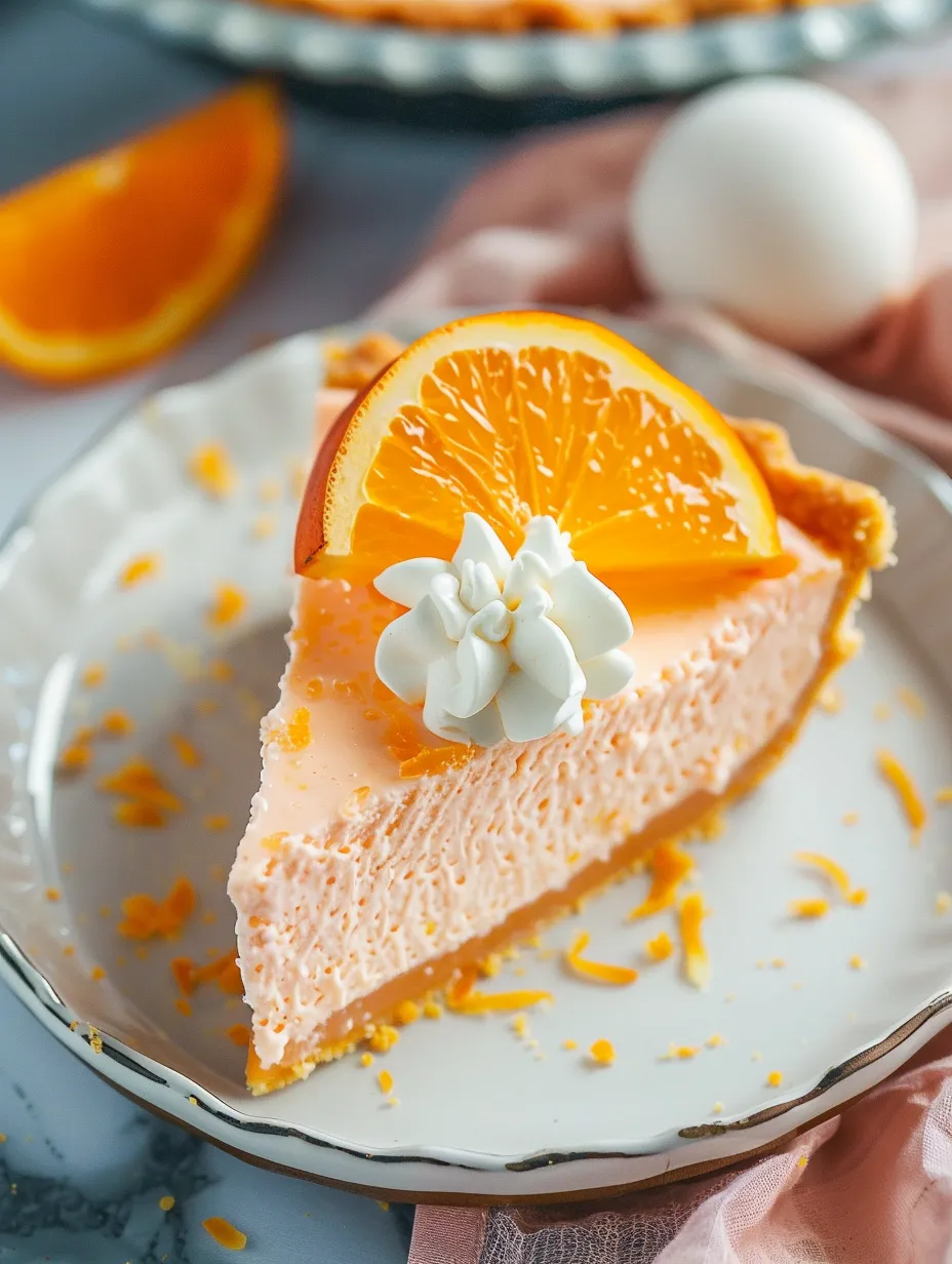 Ein Stück Jello-Orangen-Sahne-Torte mit weißem Sahnetopping.
