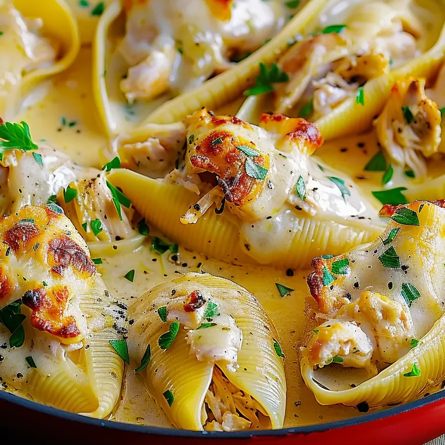 Ein Teller mit Knoblauchbutter-Hähnchen-Alfredo gefüllten Muschelnudeln.