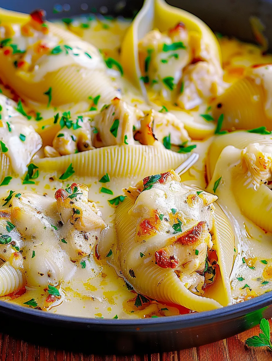 Eine Auflaufform mit Knoblauchbutter-Hähnchen-Alfredo gefüllten Muschelnudeln.