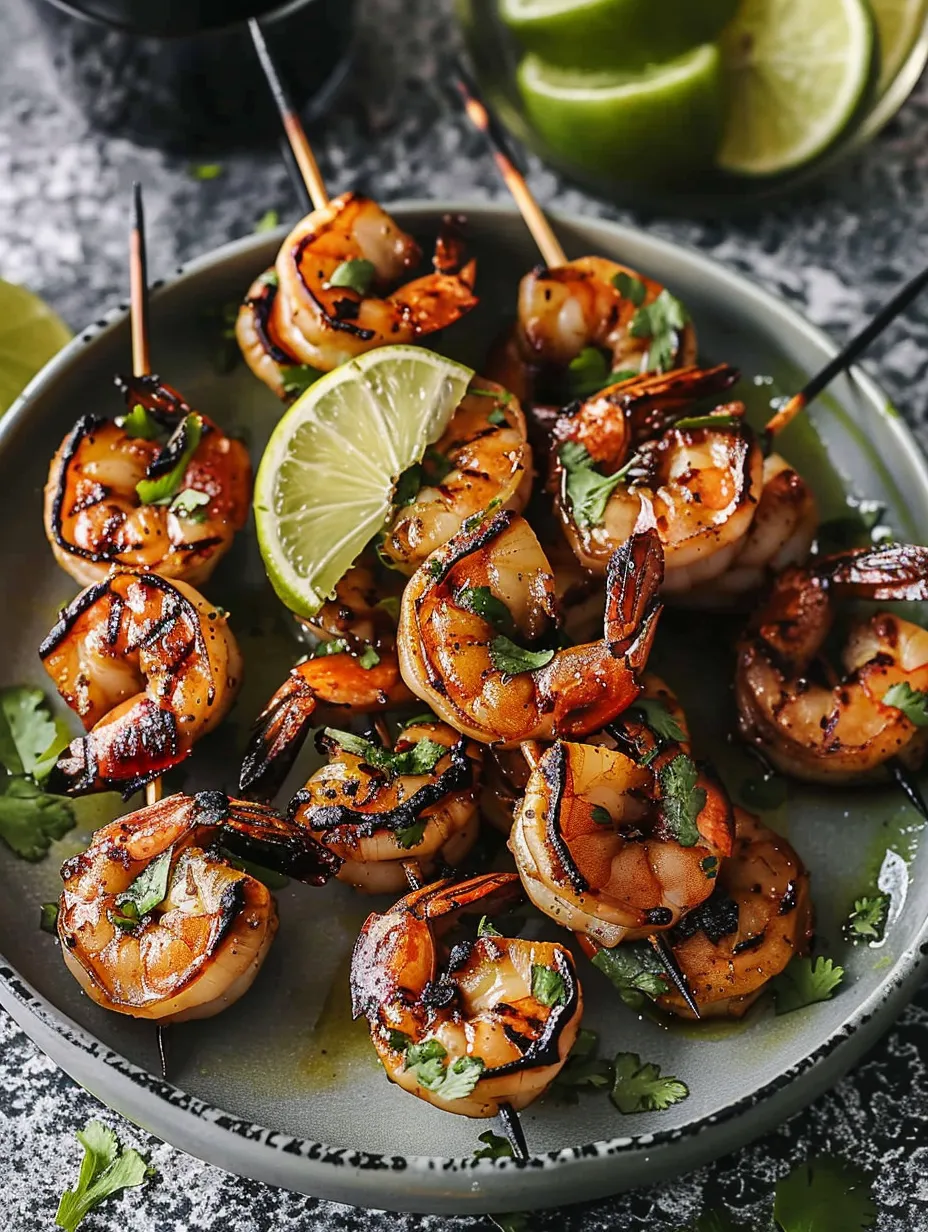 Ein Teller mit gegrillten Garnelen-Spießen und Limetten.