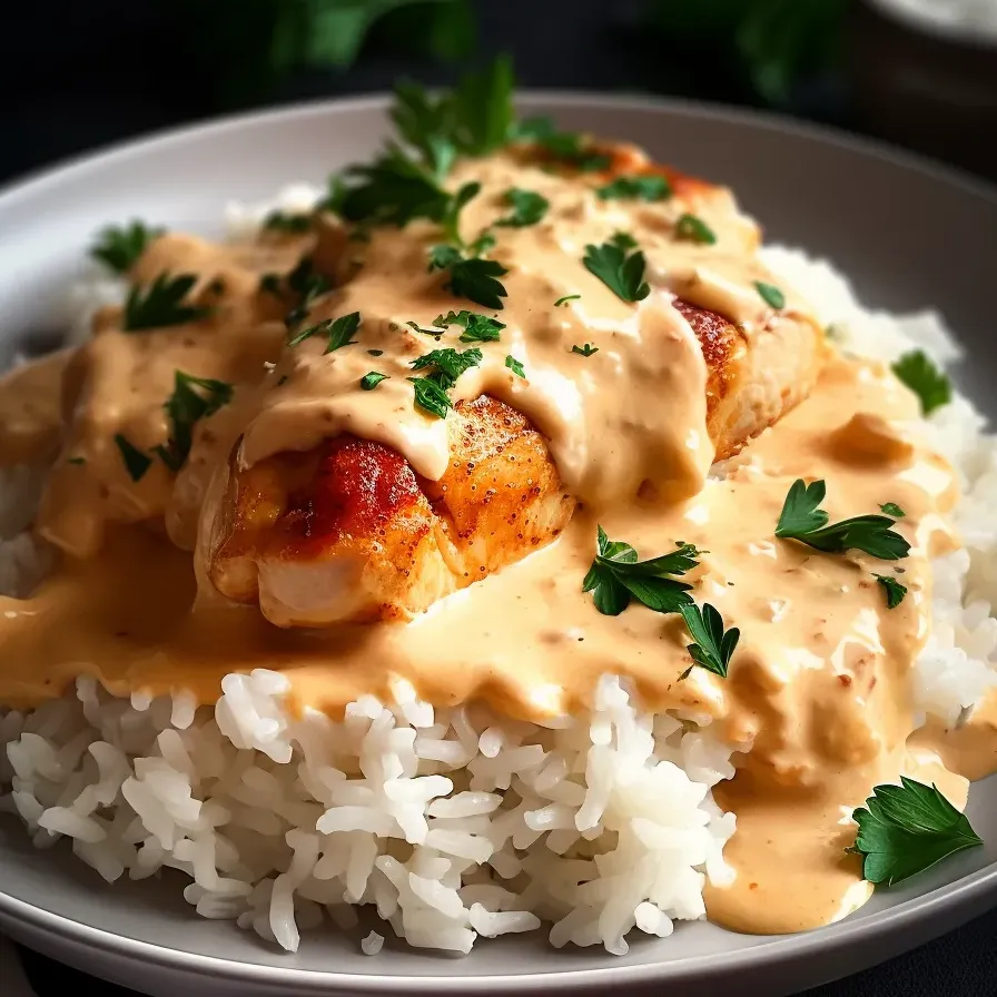 Ein Teller mit Reis und Hähnchen in Sahnesauce.