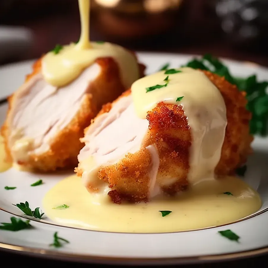 Ein Teller mit Hühnchen Cordon Bleu und Schweizer Käsesoße.