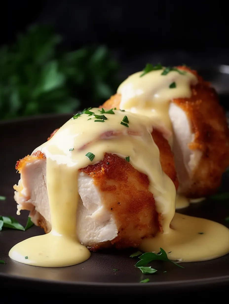 Hähnchen Cordon Bleu mit Käsesoße.