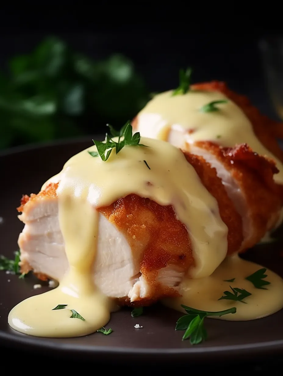 Hähnchen Cordon Bleu mit Schweizer Käsesoße.