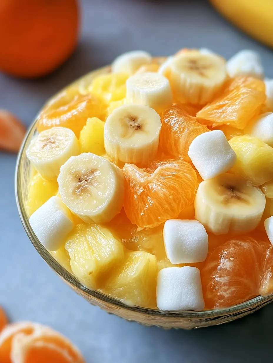 Eine Schüssel Obst mit Bananen, Orangen und Marshmallows.