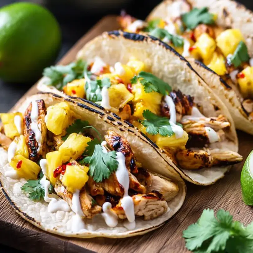 Drei Tacos mit Ananas und Hähnchen als Belag.