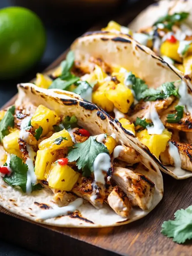 Chipotle-Ananas-Hähnchen-Tacos auf einem Holztisch.