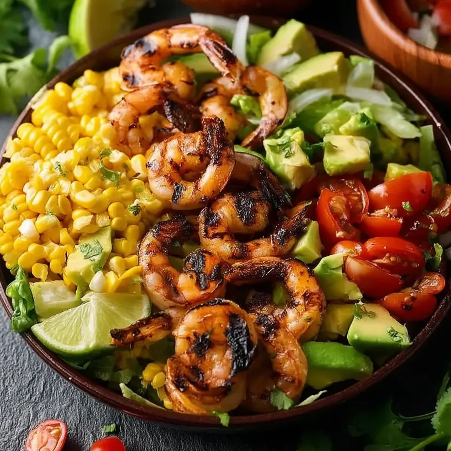 Eine Schüssel mit gegrillten mexikanischen Garnelen, Mais und Avocado Salat.