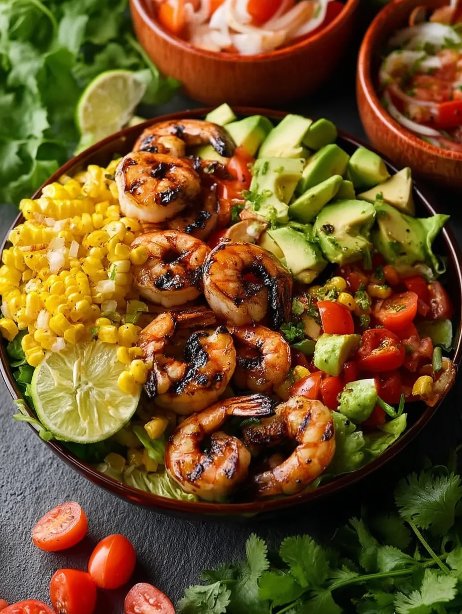 Eine Schüssel mit gegrillten mexikanischen Garnelen, Mais und Avocado.