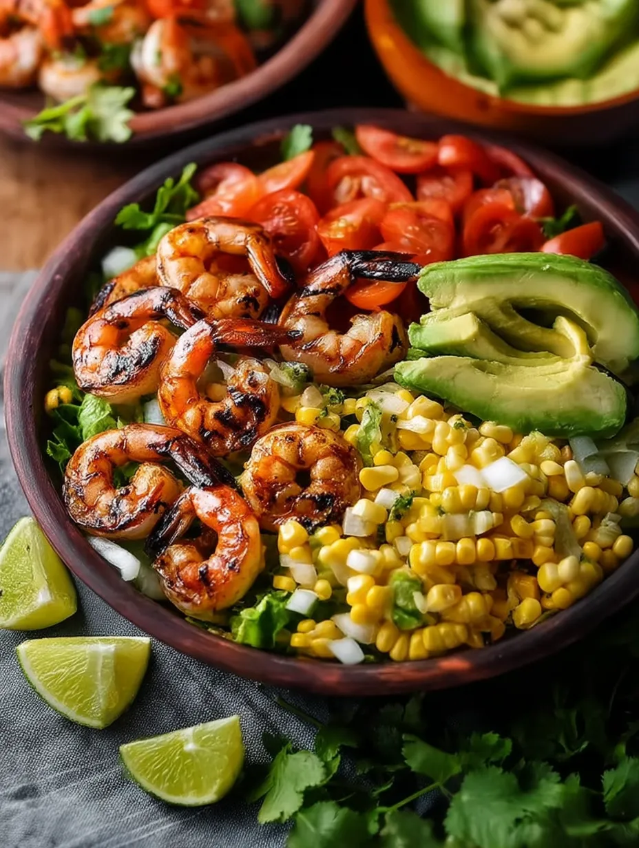 Eine Schüssel mit gegrillten mexikanischen Garnelen, Mais und Avocadosalat.