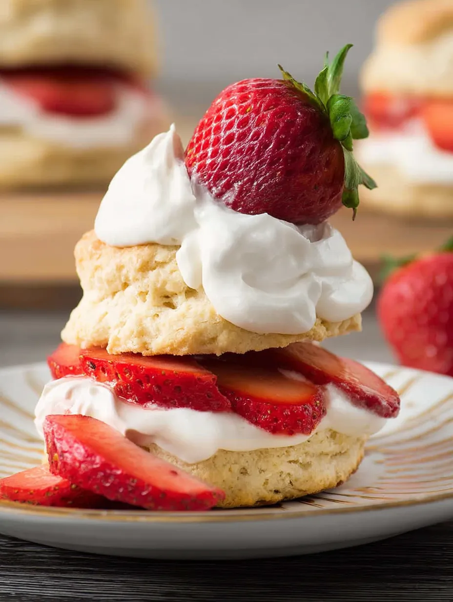 Ein Stapel Erdbeer-Shortcake mit Sahne.