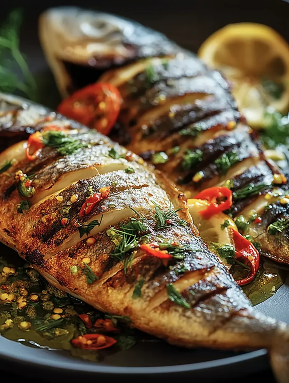 Gegrillter Fisch mit Tomaten und Paprika.