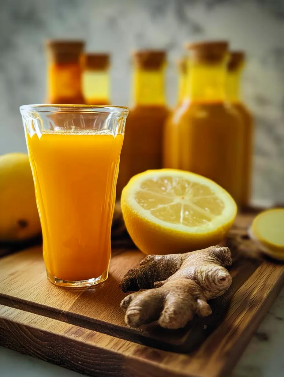 Ein Glas mit orangefarbenem Saft mit einem Zitronenschnitz und einer Flasche Ingwer-Kurkuma-Shots.